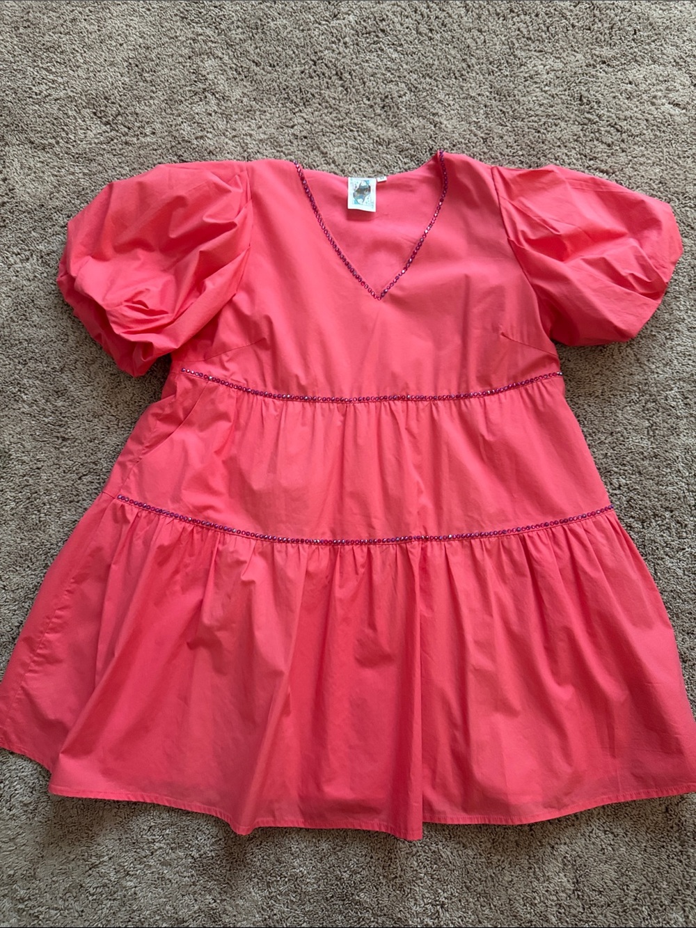 QUEEN OF SPARKLES Coral Pink Puff-Sleeve Tiered Midi Dress-sparkly fireworks